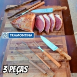 Jogo Para Churrasco Com Lâminas Em Aço Inox E Cabos De Madeira Natural 3 Peças Tramontina