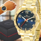 Relógio Masculino Technos Dourado Performance Militar Luxo Prova Dágua Top